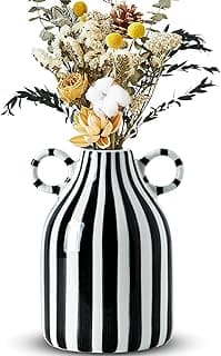 Black and White Ceramic Vase, Mid Century Modern Striped Small Vases for Flower&Pampas Grass Centerpiece, Black White Checkered Vase for Di...
