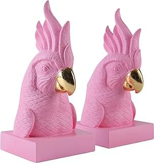 Pink Parrot Decorative Bookends,Set of 2 Cute Bird Animal Sculpture Book Ends to Hold Hevay Duty Books,Unique Resin Statues Book Stopper fo...