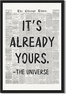 Framed Black And White Retro Newspaper Wall Art ItS Already Yours Universe Quote Poster Trendy Positive Inspirational Wall Decor for Bedroo...
