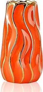 Ceramic Vase, Orange Vase for Home Decor,Decorative Flower Vase, Vertical Stripe Ceramic Vases for Home Décor, Bedroom, Office, Living Room...